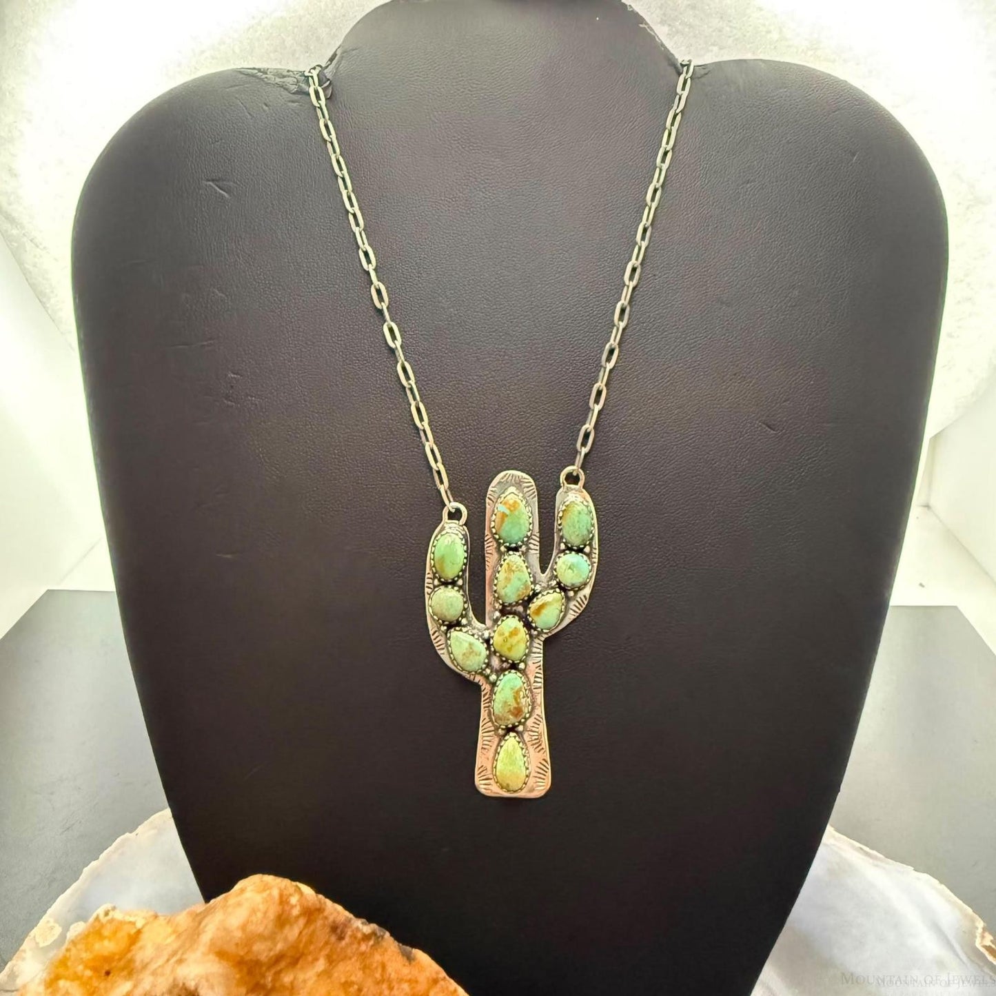 Sterling Silver Southwestern Style Green Kingman Turquoise Cactus Pendant Necklace For Women