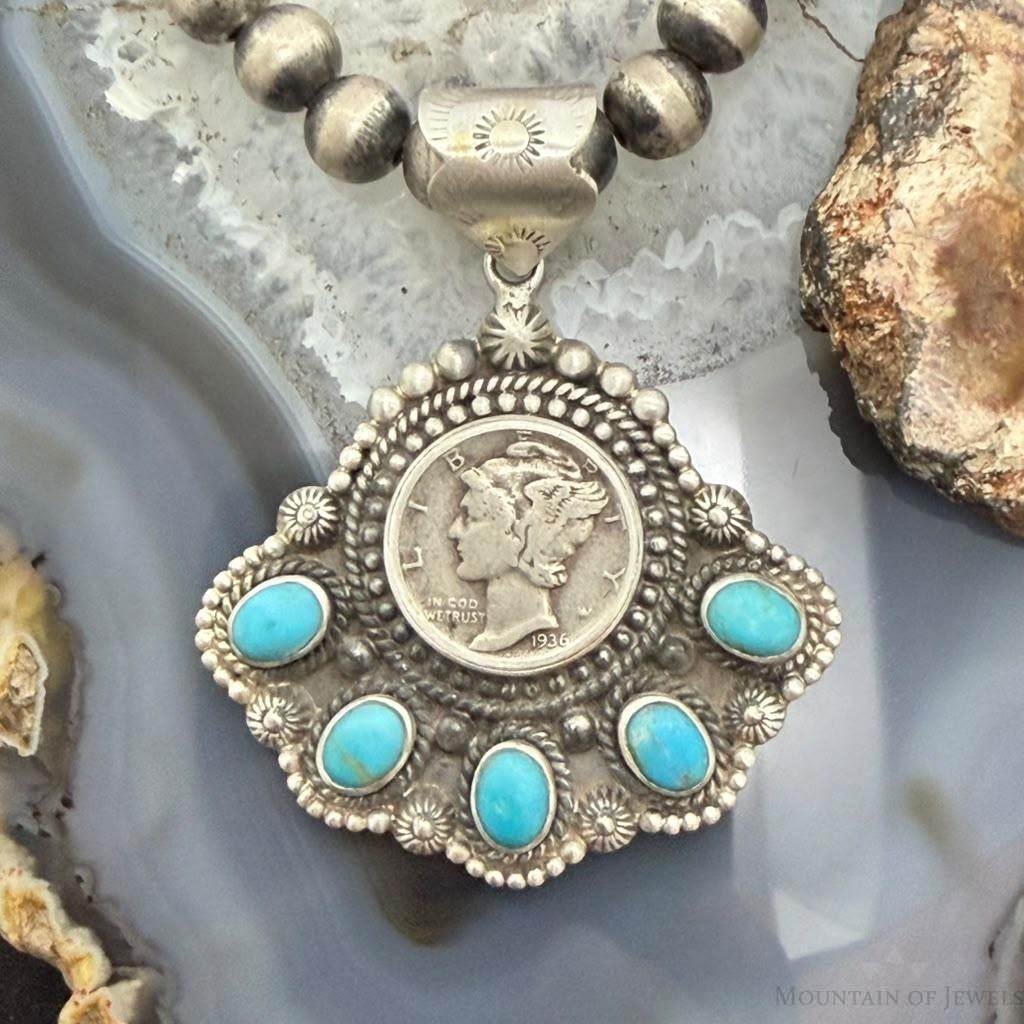 Sterling Silver Southwestern Style 1936 Mercury Dime &Kingman Turquoise Pendant