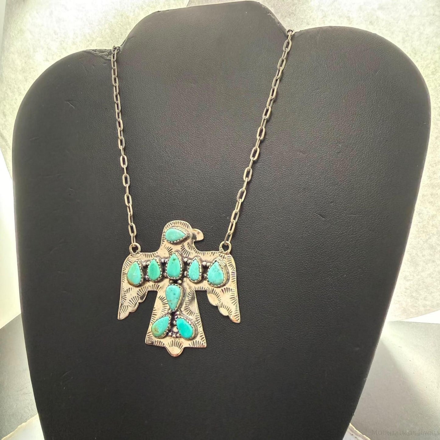 Sterling Southwestern Style Kingman Turquoise Thunderbird Pendant Necklace #4