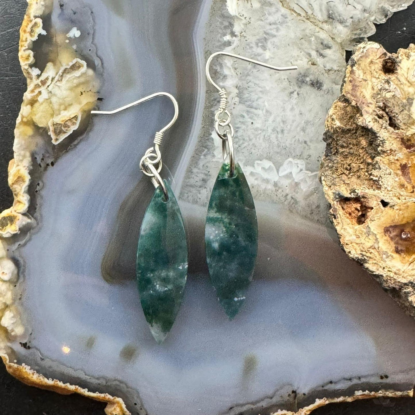 Sterling Silver Elongate Marquise Moss Agate Slab Dangle Earrings For Women #233