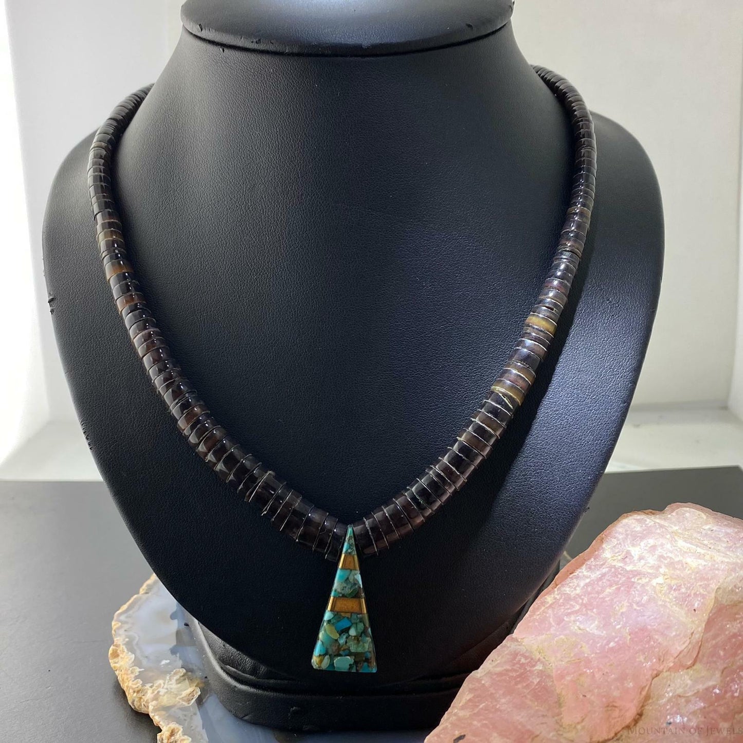 Vintage Graduated Olive and Triangle Turquoise Mosaic Heishi Necklace