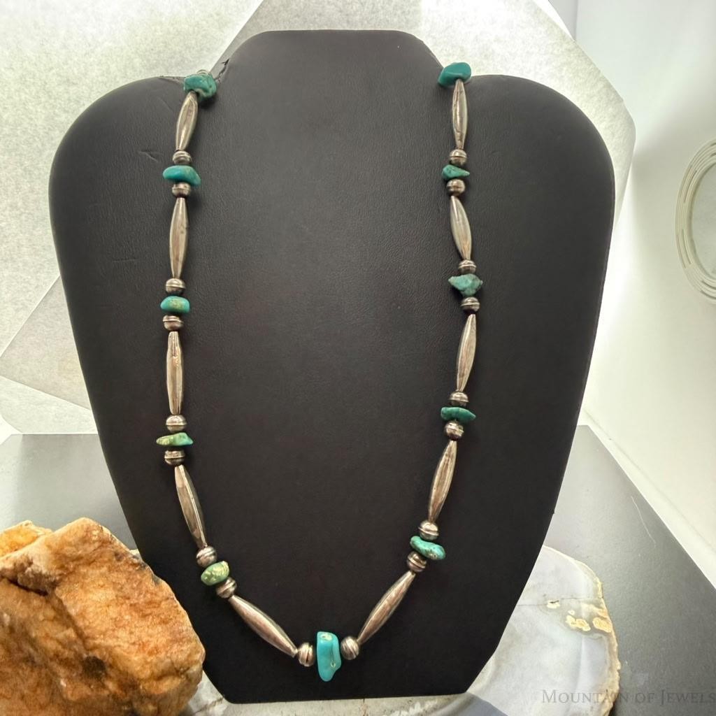 Vintage Native American Silver Navajo Pearl Bead & Turquoise Necklace For Women