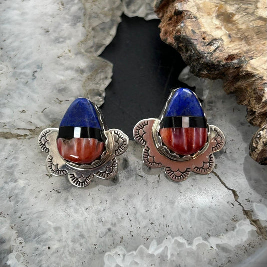 Clifton Aguilar Sterling Silver Teardrop Multistone Inlay Stud Earrings For Women