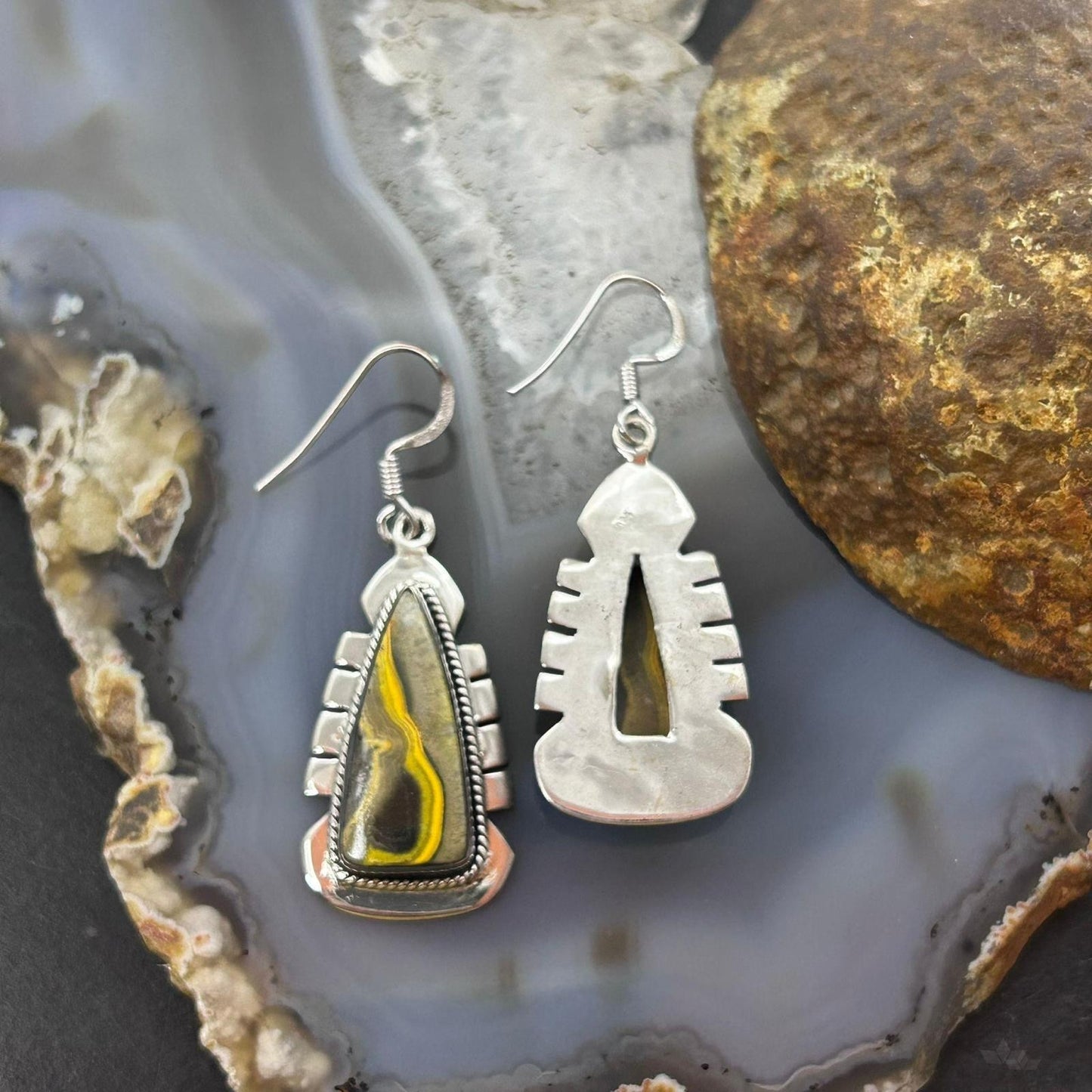 Sterling Silver Southwestern Style Triangle Yellow Jasper Dangle Earrings For Women
