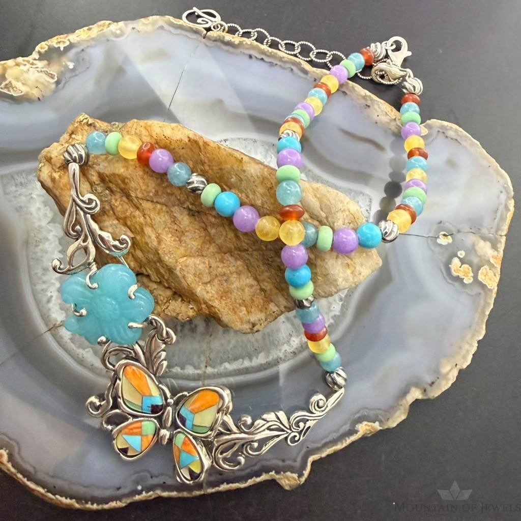 Carolyn Pollack Sterling Inlay Butterfly & Multistone Beads 15"-20" Necklace For Women