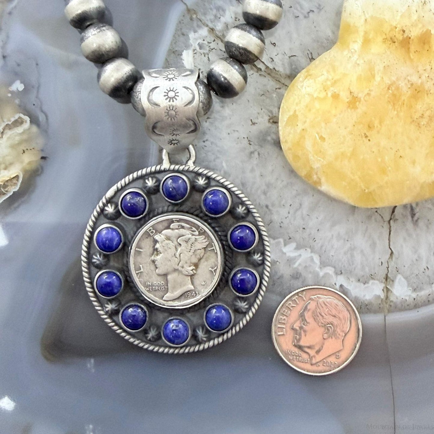 Genuine 1943 90% Silver Mercury Dime Coin w/Lapis Decorated Unisex Pendant