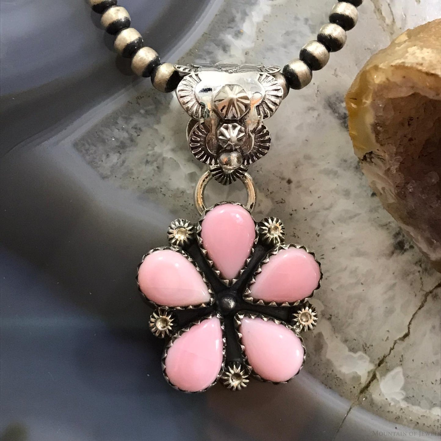 Native American Sterling Silver 5 Teardrop Pink Conch Flower Pendant For Women #3