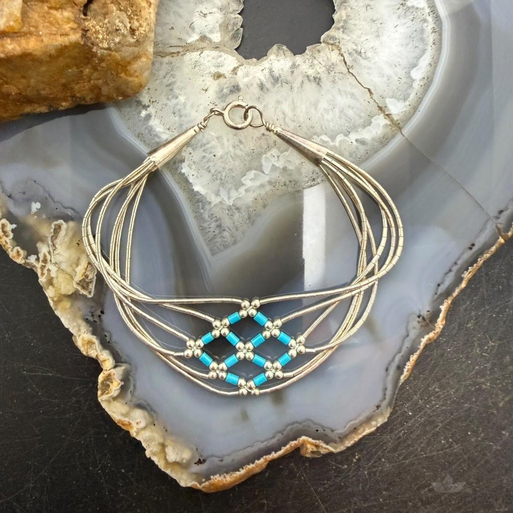 Sterling Silver Liquid Silver & Turquoise Woven Beaded 7" Bracelet For Women
