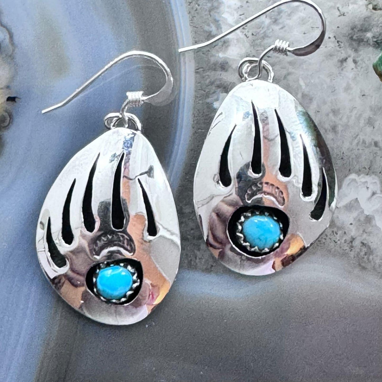 Native American Sterling Silver Bear Claw w/Turquoise Dangle Earrings For Women