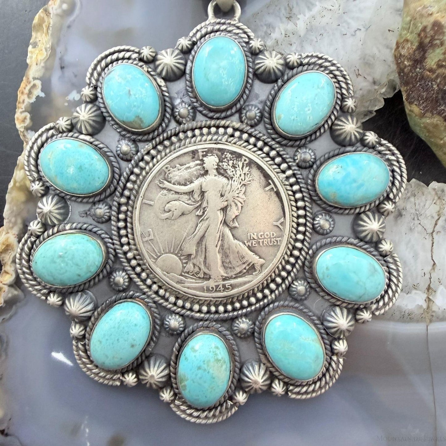 Genuine 1945 90% Silver Walking Liberty Half Dollar Coin w/Turquoise Unisex Pendant
