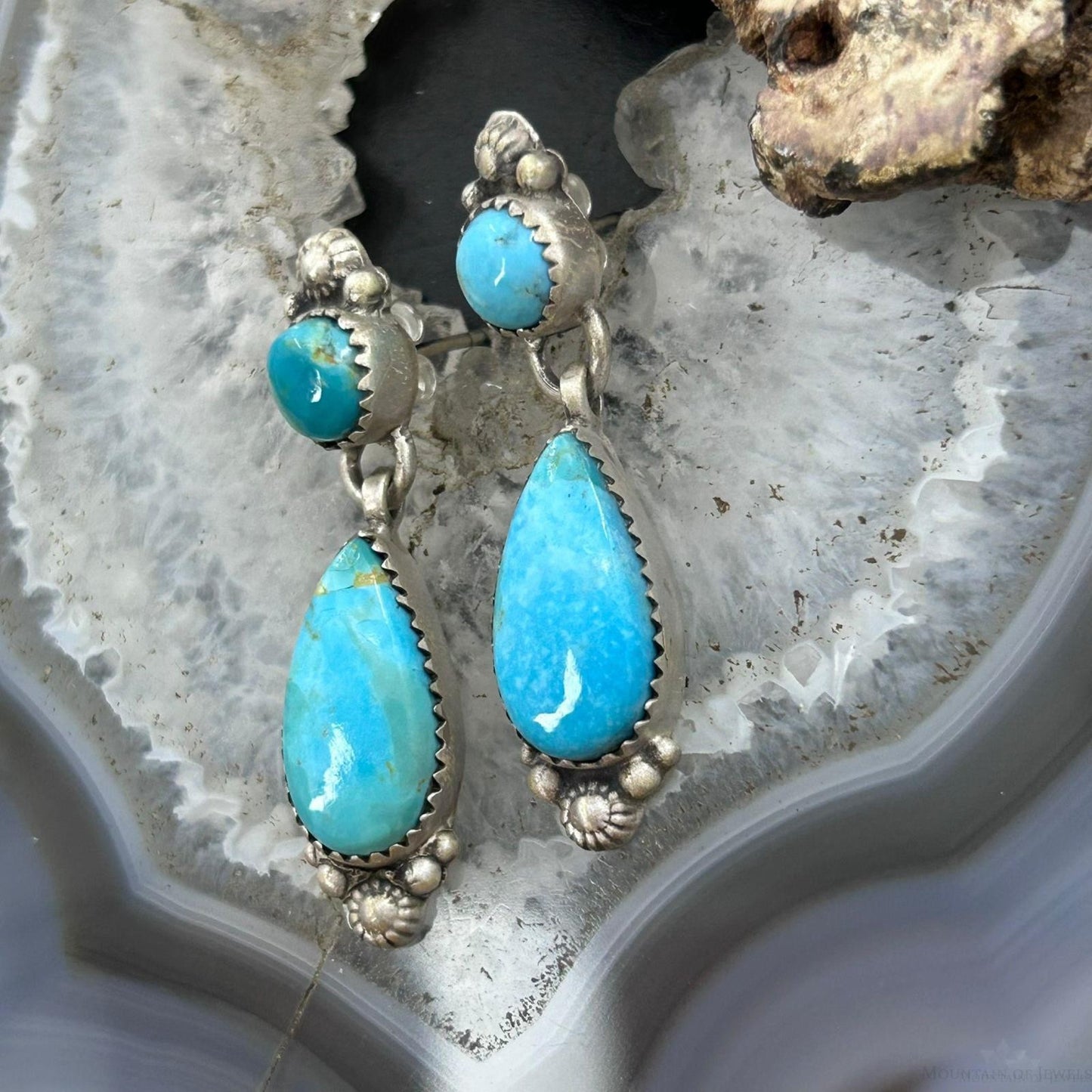 Sterling Silver Southwestern Style Teardrop & Rounded Turquoise Post Dangle Earrings For Women
