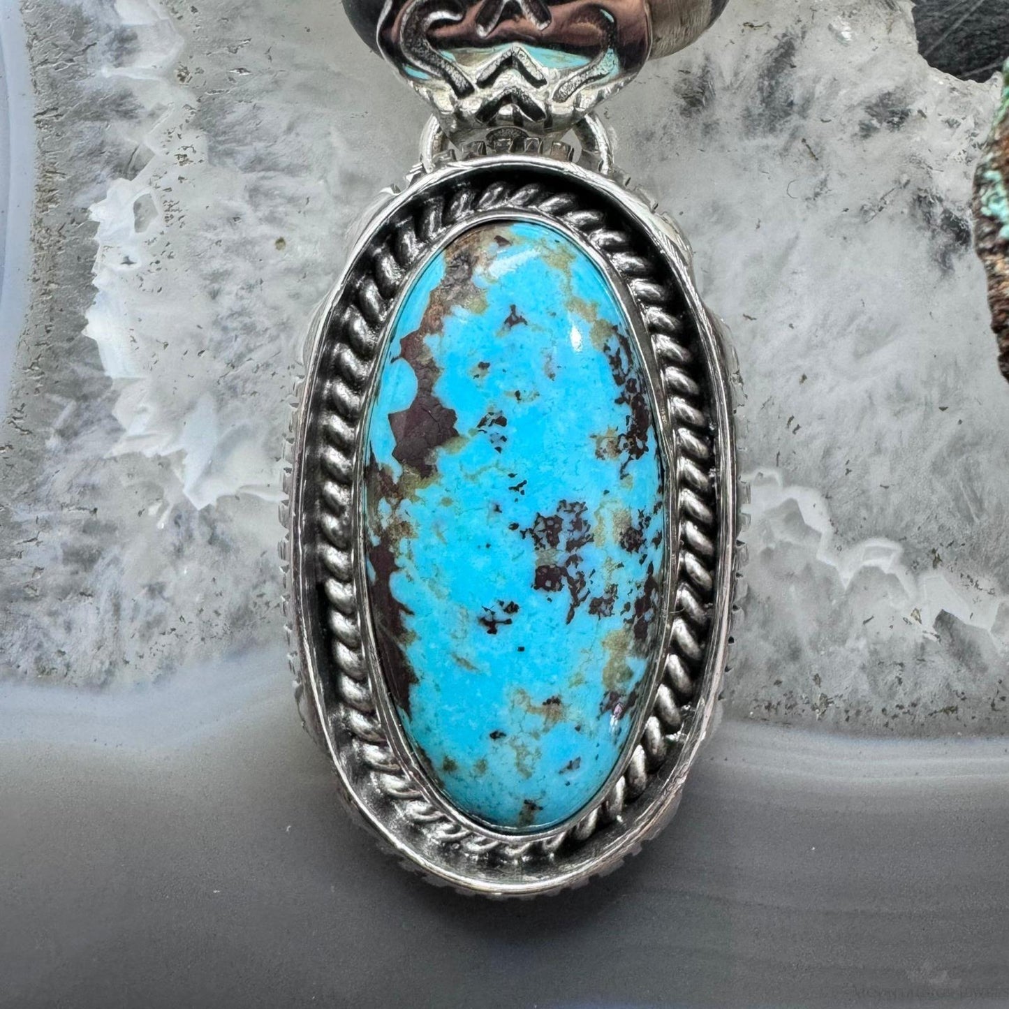 Native American Sterling Silver Elongated Oval Turquoise #8 Pendant For Women #1