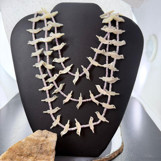 Vintage Sterling Silver 3 Strands White Shell Carved Birds & Shell Necklace For Women