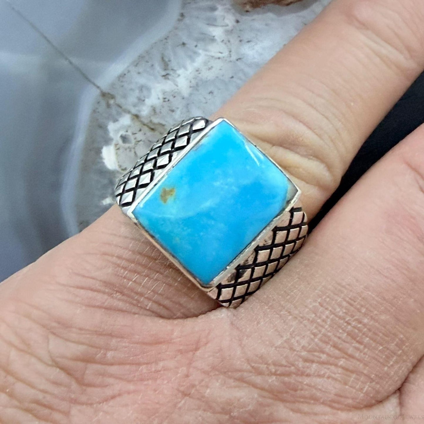 Native American Sterling Silver Rectangle Kingman Turquoise Decorated Ring Size 10 For Men