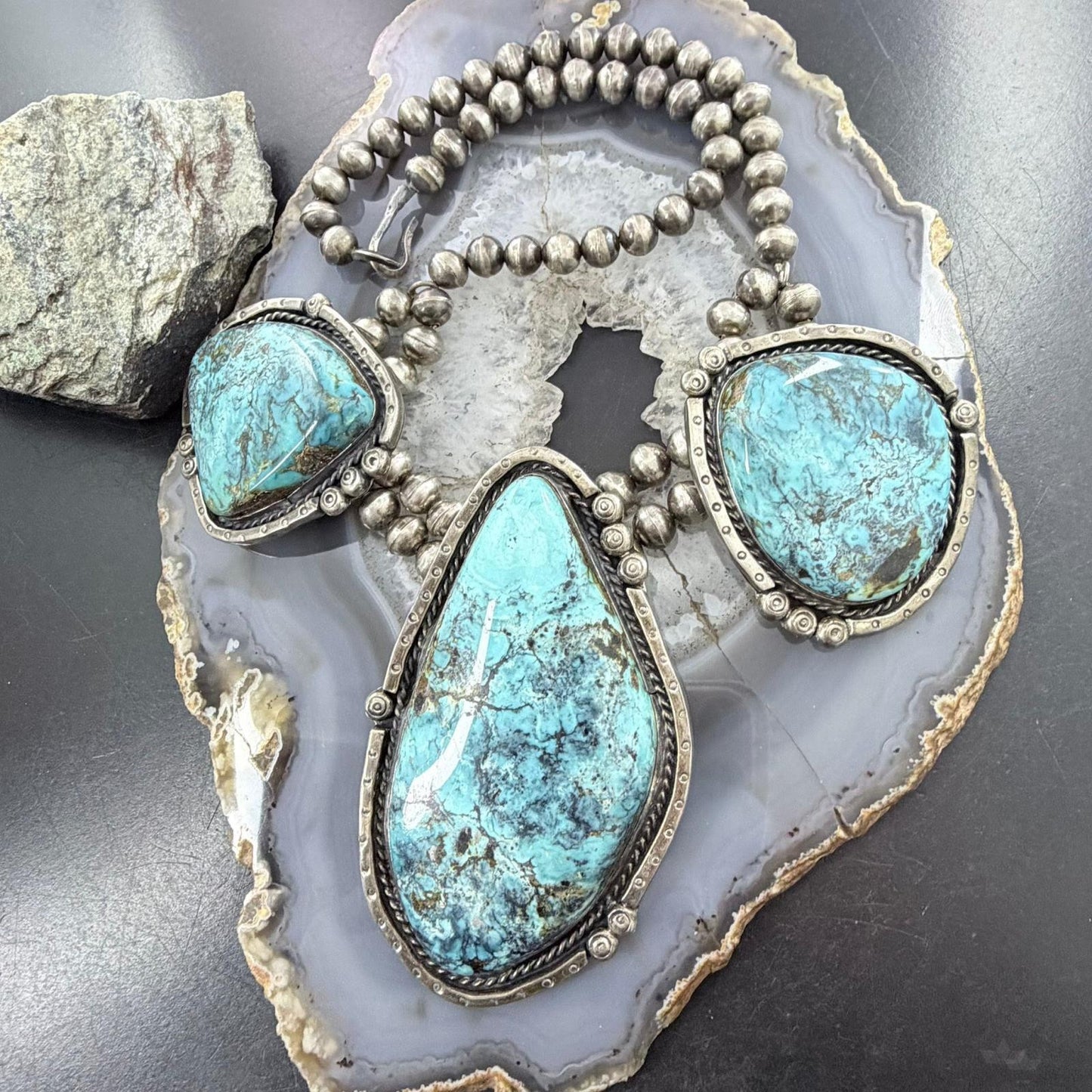 Vintage Silver Native American Large Blue Diamond Turquoise Necklace For Women