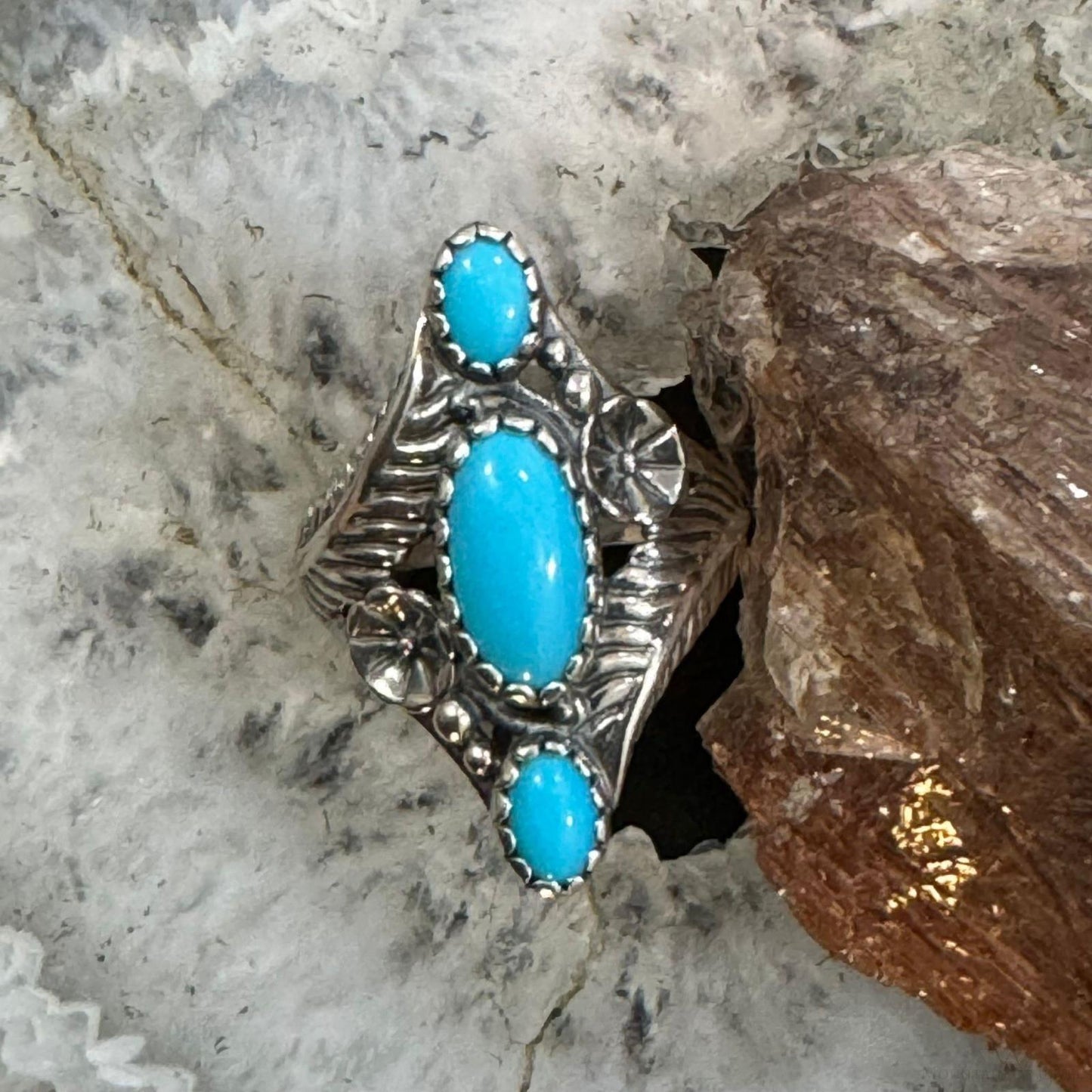 Carolyn Pollack Sterling Silver 3 Sleeping Beauty Turquoise Decorated Ring For Women