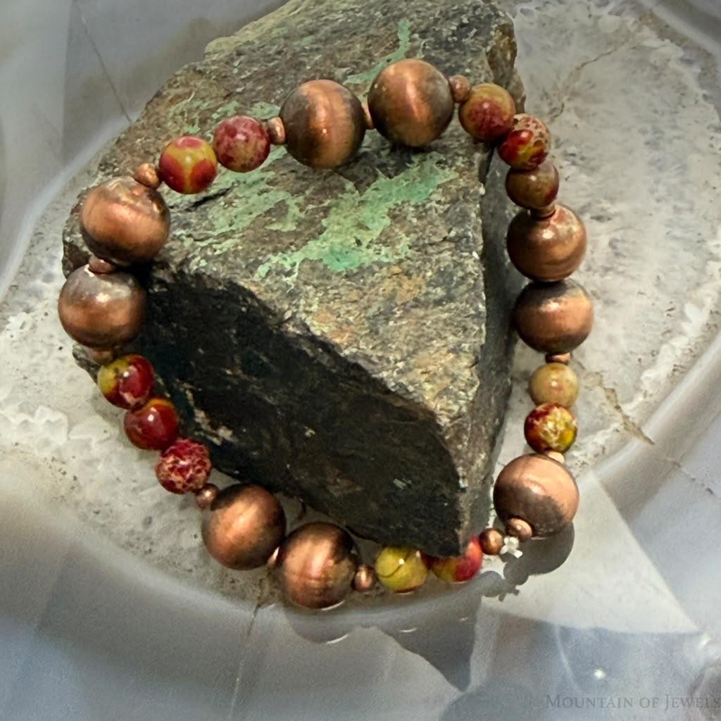 Southwestern Style 6-9.5mm Copper Navajo Pearl Beads & Sediment Jasper Stretch Bracelet For Women