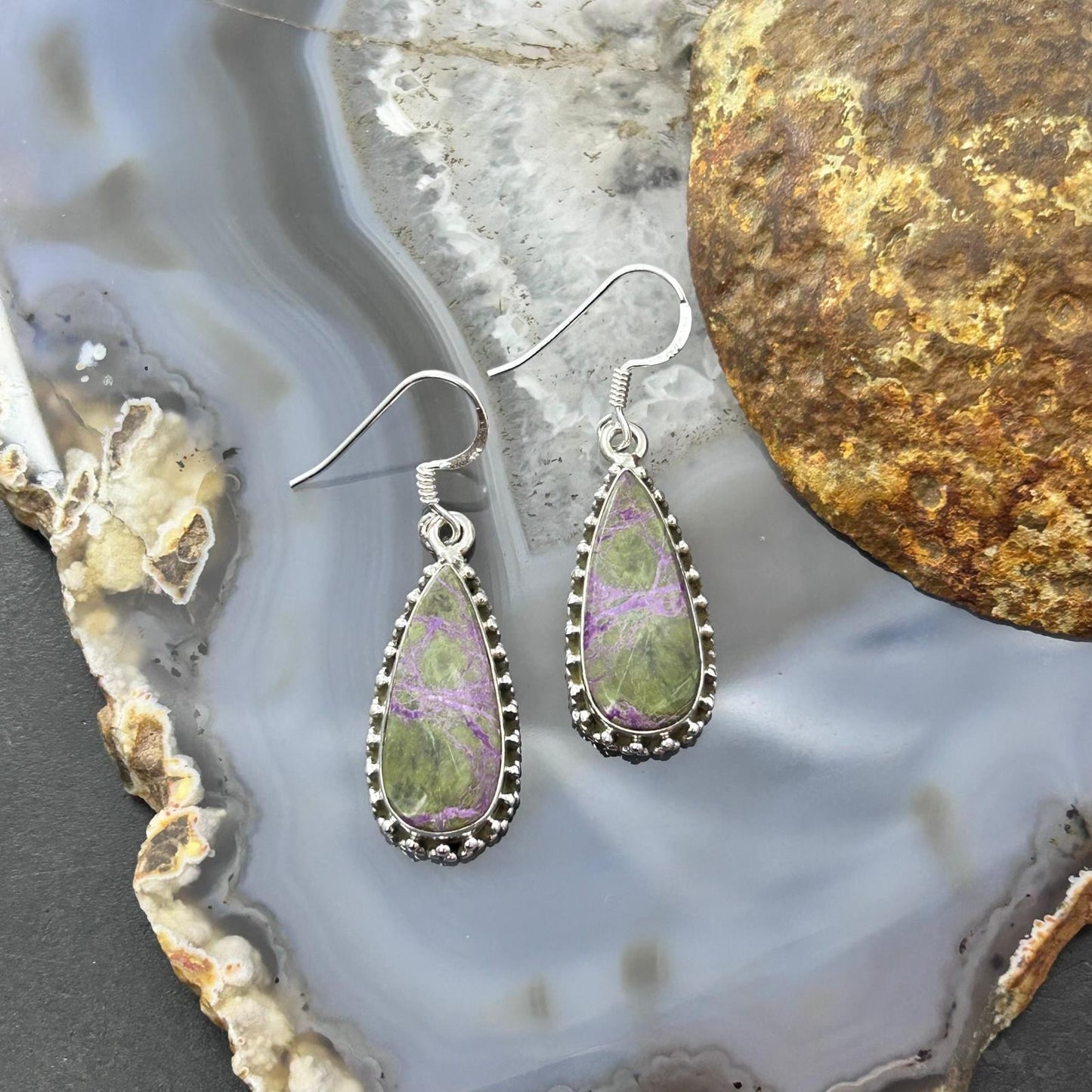 Sterling Silver Southwestern Style Teardrop Stichtite Dangle Earrings For Women