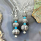 Native American Sterling Silver Grooved Saucer Pearl Beads w/Turquoise Dangle Earringsn For Women
