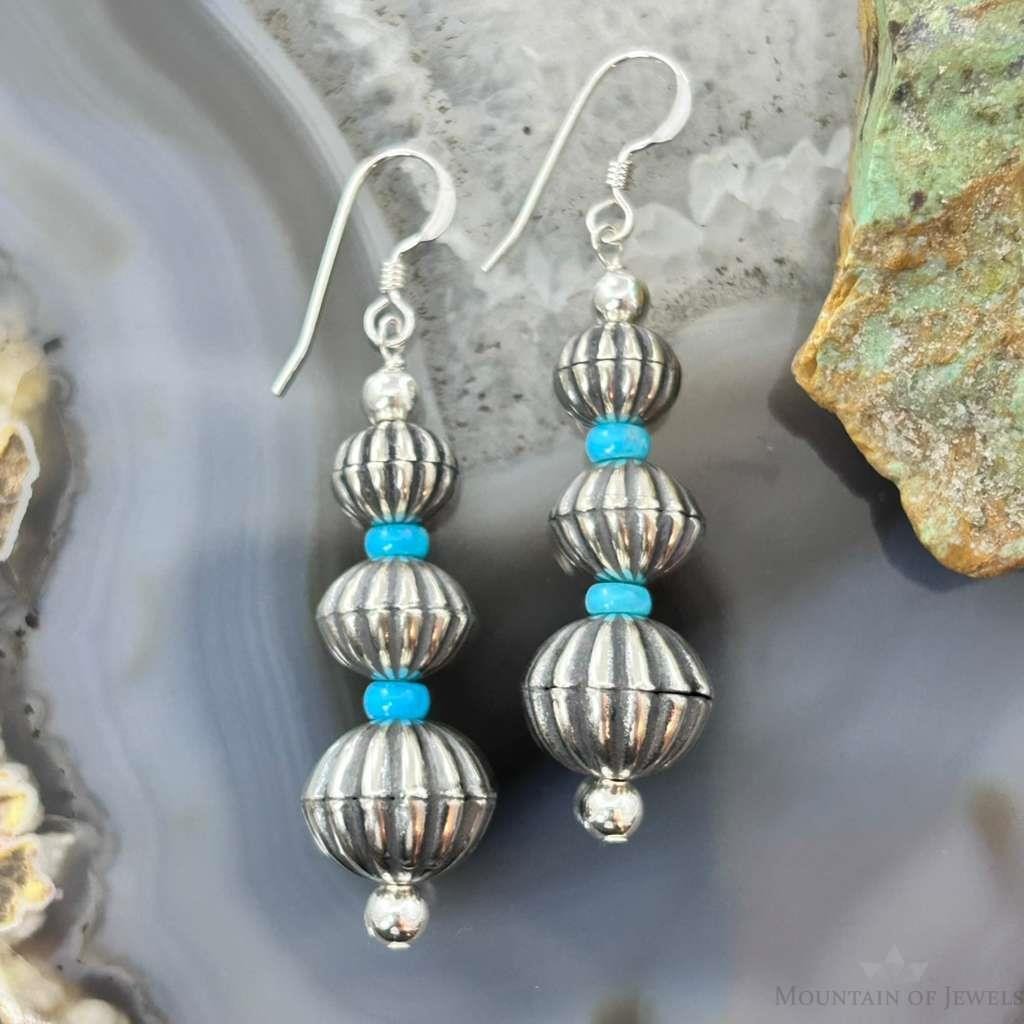 Native American Sterling Silver Grooved Saucer Pearl Beads w/Turquoise Dangle Earringsn For Women