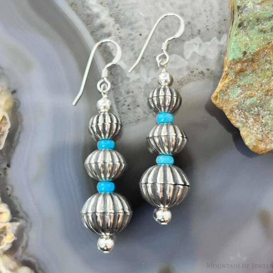 Native American Sterling Silver Grooved Saucer Pearl Beads w/Turquoise Dangle Earringsn For Women