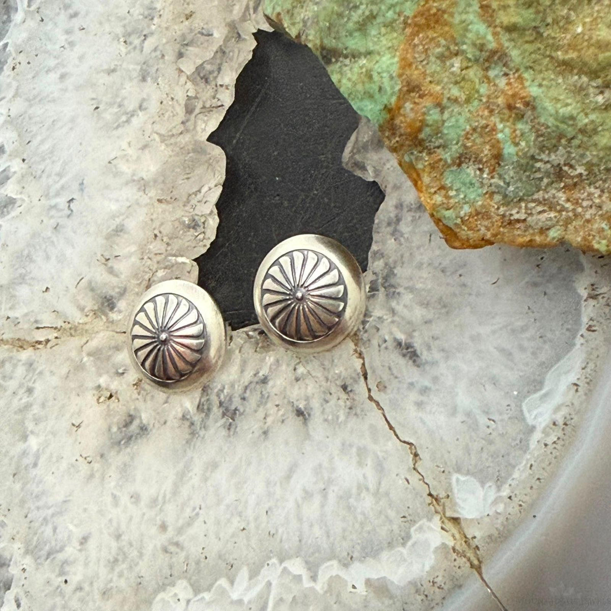 Native American Sterling Silver Round Stamped Concho Stud Earrings For Women