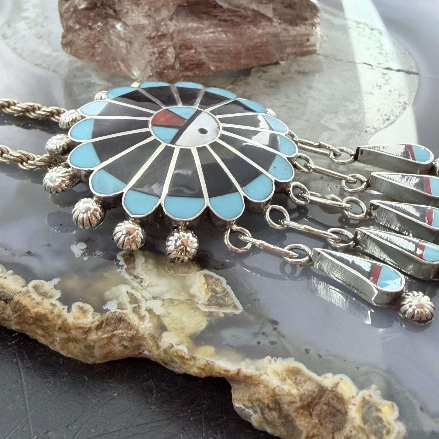 Abel Soseeah Native American Sterling Silver Zuni Inlay Sunface Pendant/Brooch For Women