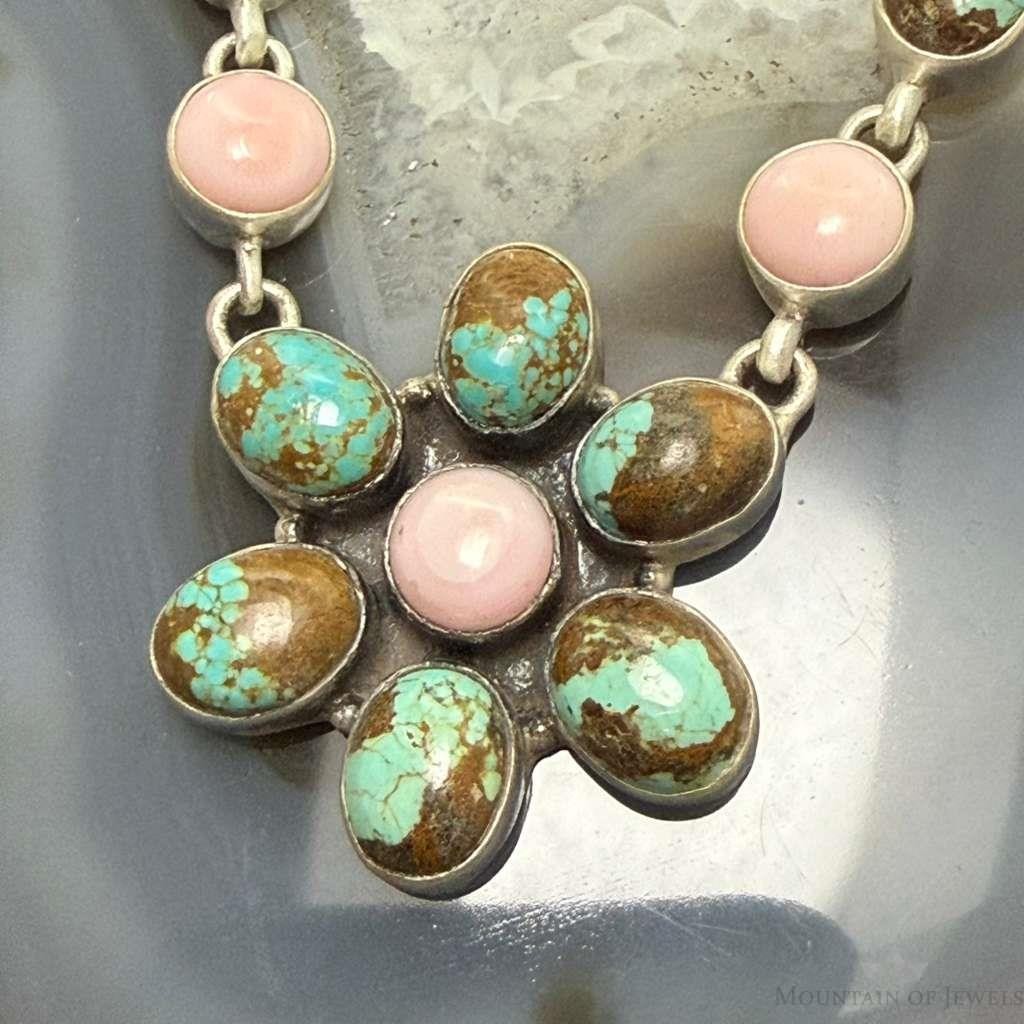 Sterling Silver Southwestern Style Turquoise &Pink Conch 20" Cluster Necklace For Women
