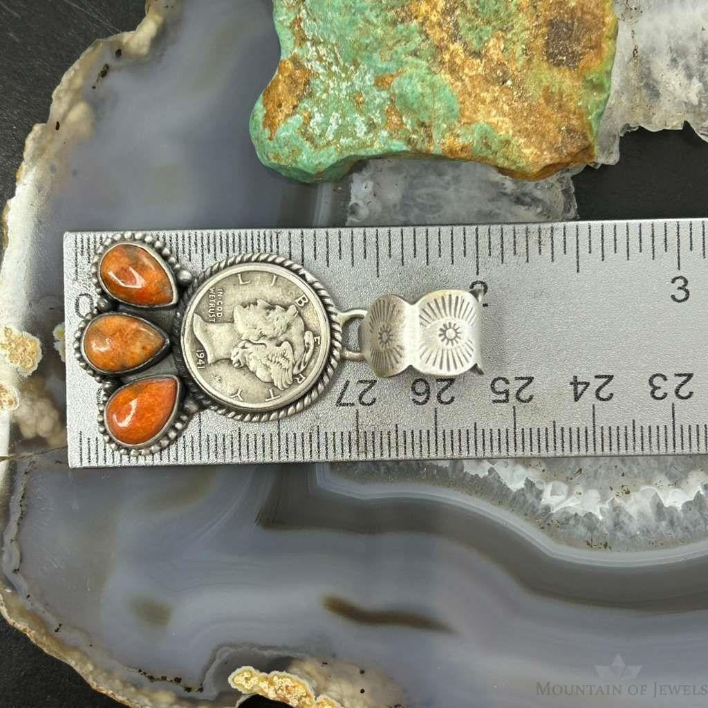 Genuine 1941 90% Silver Mercury Dime Coin w/Teardrop Orange Spiny Oyster Unisex Pendant