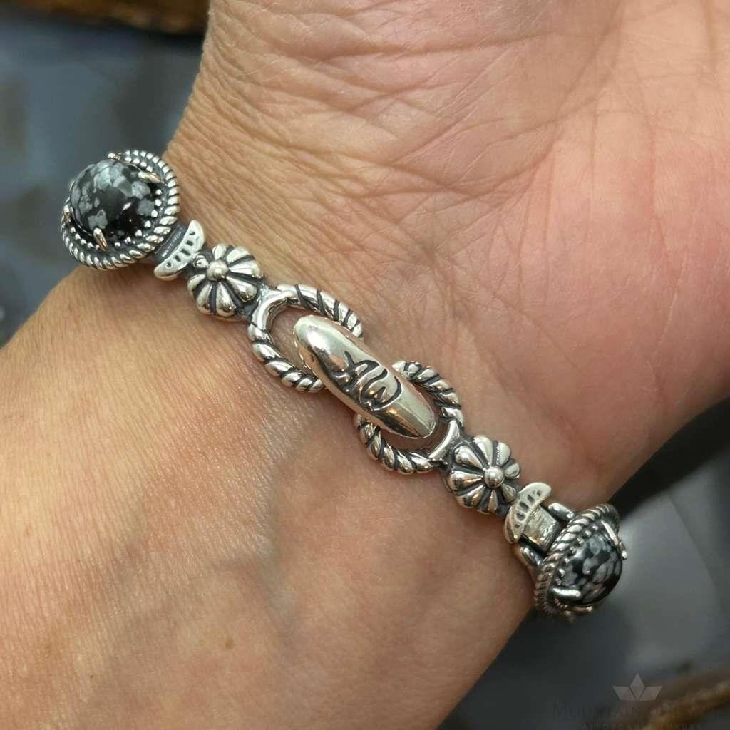 Carolyn Pollack Sterling Silver 7 Oval Snowflake Obsidian Bracelet For Women