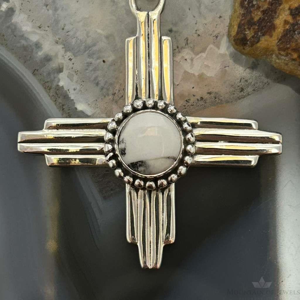 Sterling Silver Southwestern Style Round White Buffalo Unisex Zia Pendant #2