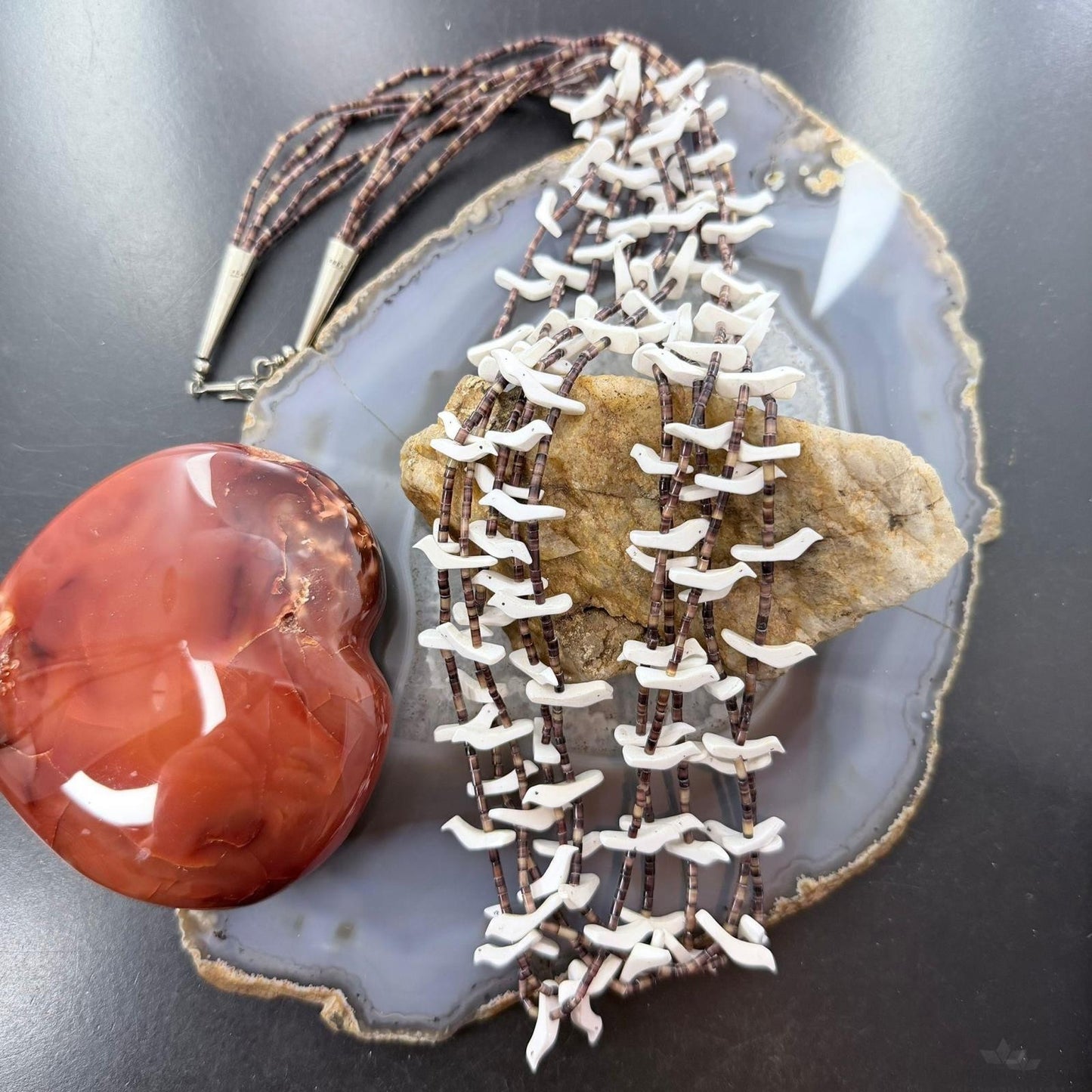 Vintage native American Sterling Silver 5 Strands White Shell Carved Fetish Bird Necklace For Women