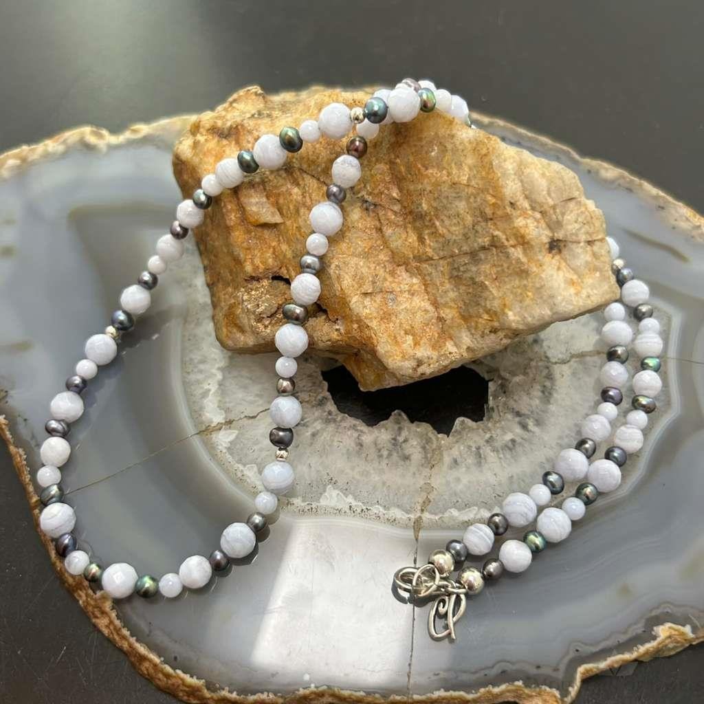 Carolyn Pollack Sterling Silver  Blue Lace Agate &Eggplant Pearl Bead Necklace For Women