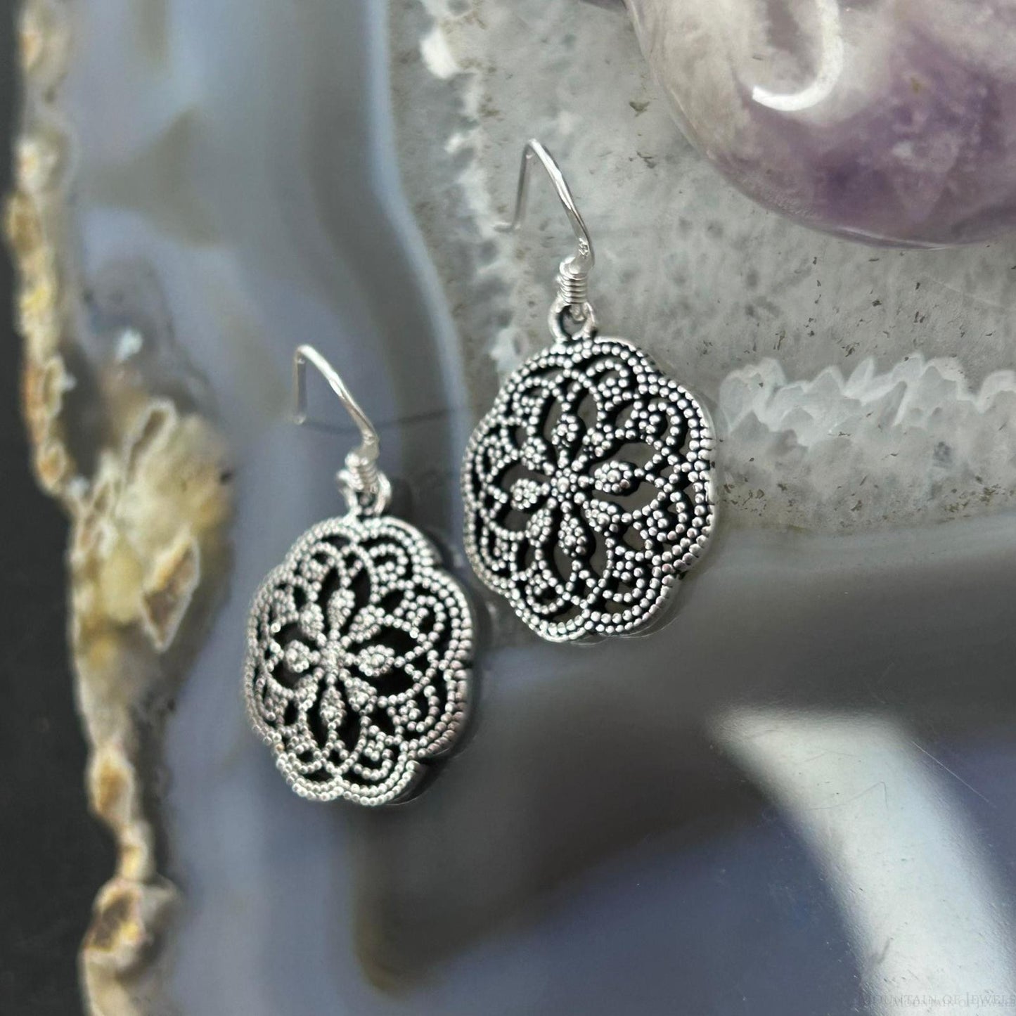 Sterling Silver Lattice Floral Design Dangle Earrings For Women