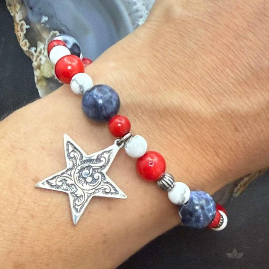 Carolyn Pollack Sterling Silver Multi Gemstone Bead w/Texas Star Charm Bracelet For Women