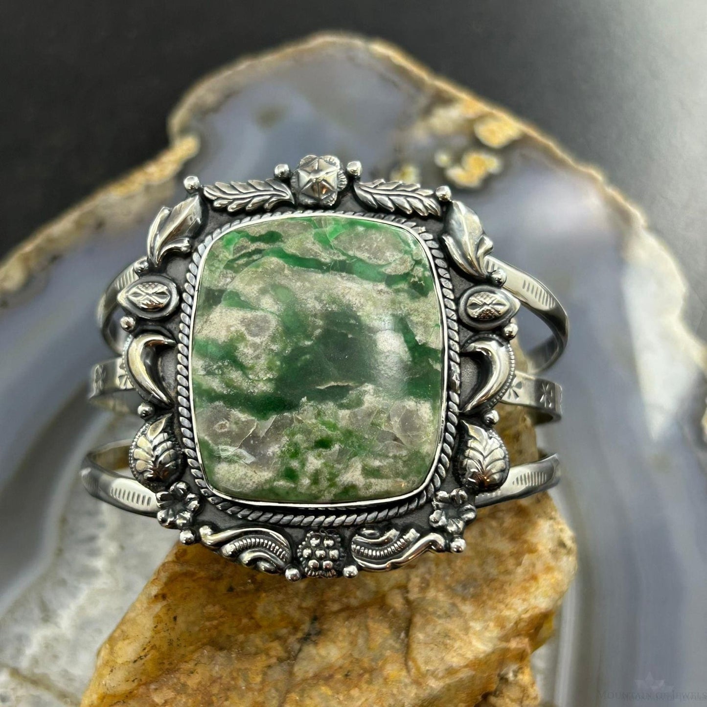 Sterling Silver Southwestern Style Square Variscite Decorated Bracelet For Women