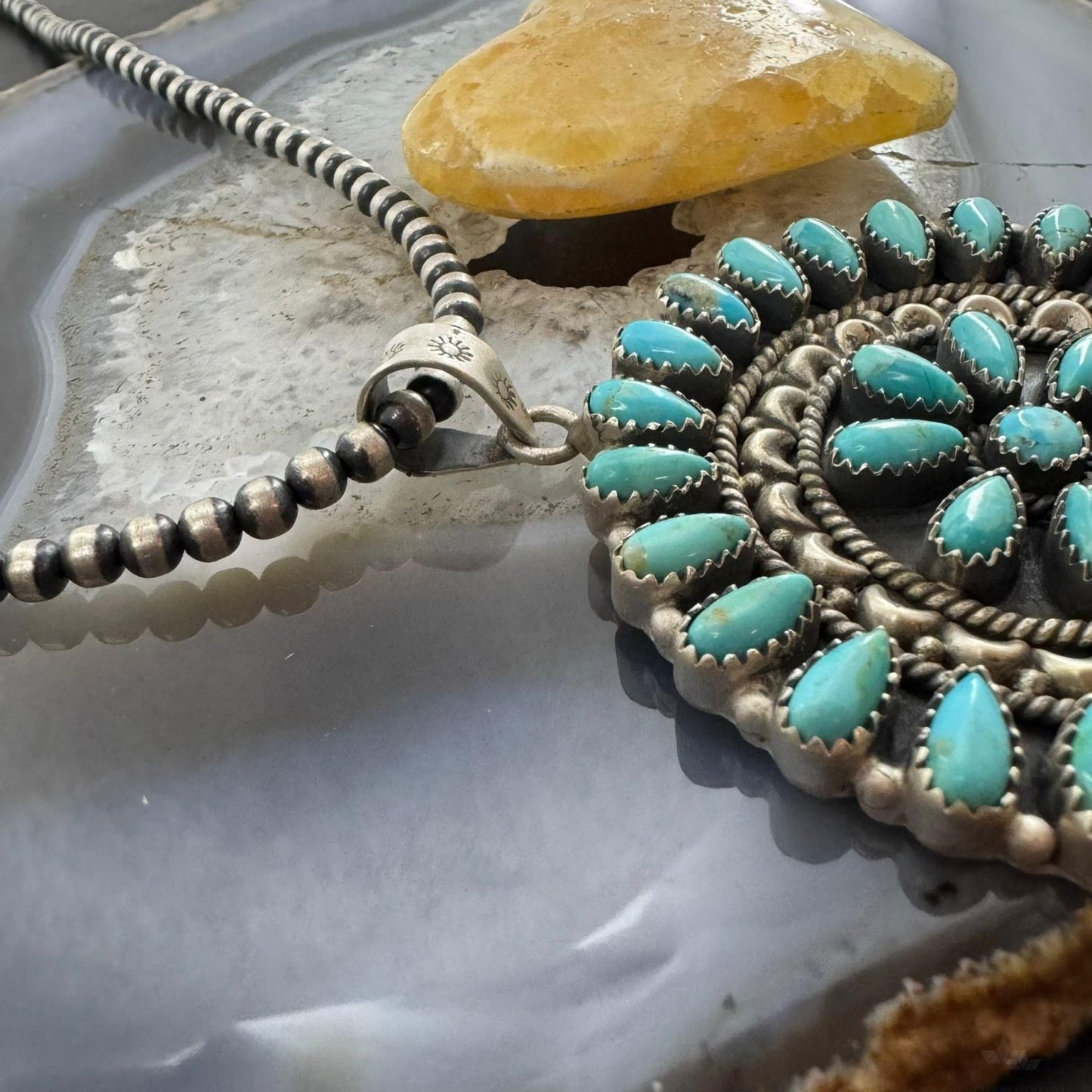 Southwestern Style Sterling Silver Turquoise Decorated Round Cluster Pendant For Women