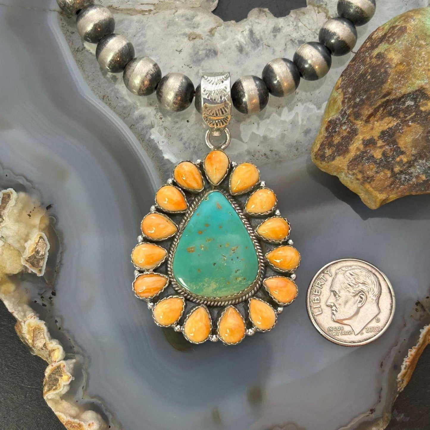 Sterling Silver Southwestern Emerald Valley Turquoise & Spiny Oyster Cluster Pendant For Women