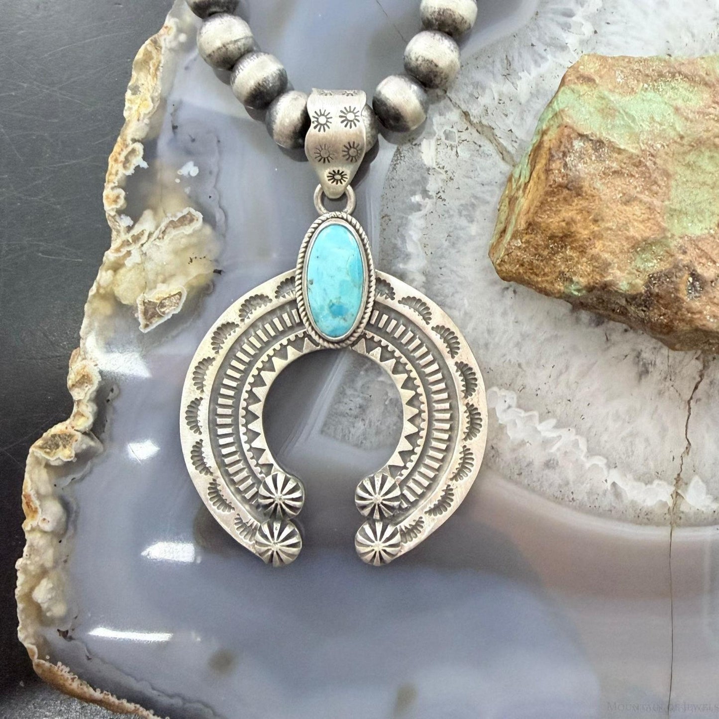Sterling Silver Southwestern Style Oval Turquoise Decorated Unisex Naja Pendant