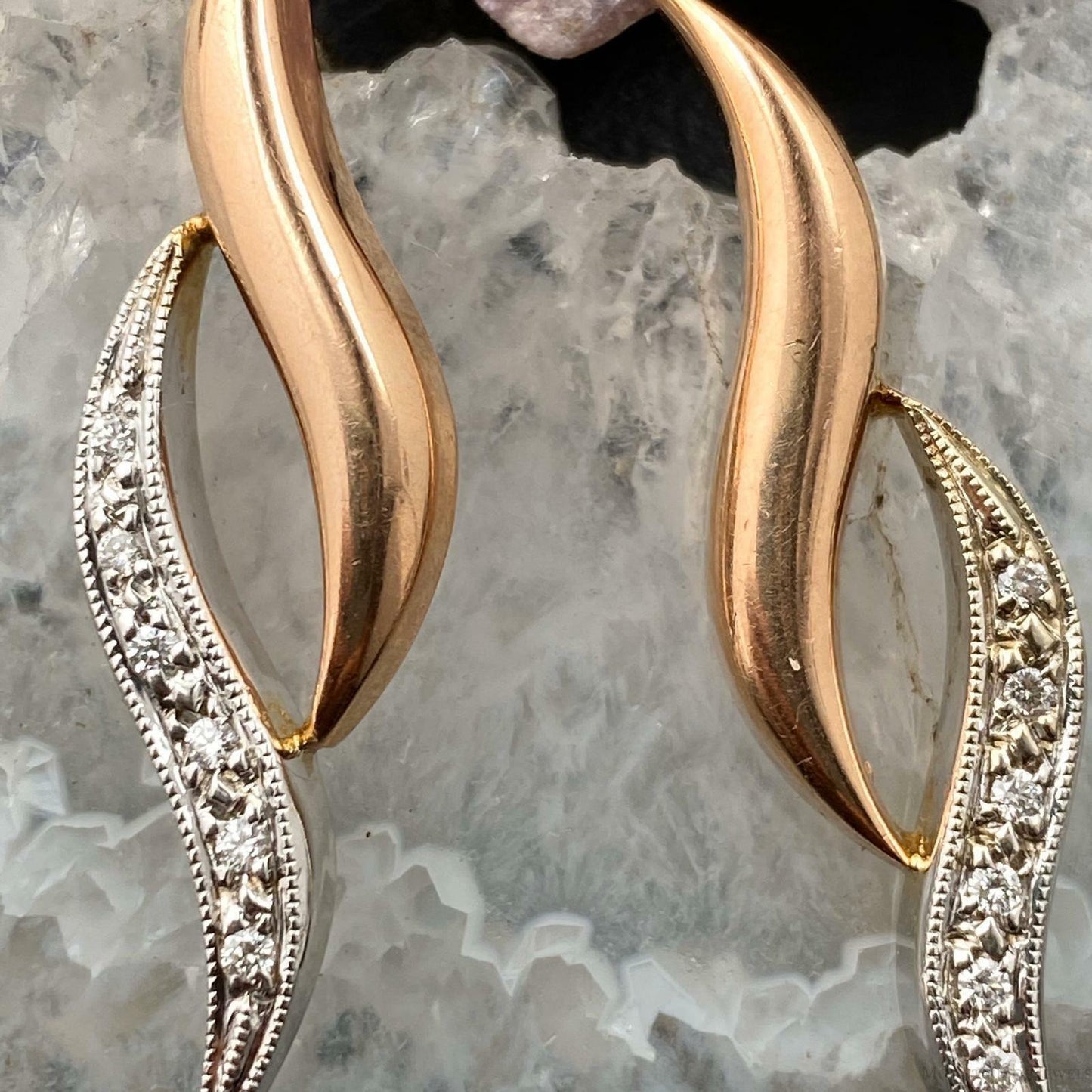 14K Two Tone Gold Diamonds Wavy Stud Earrings For Women