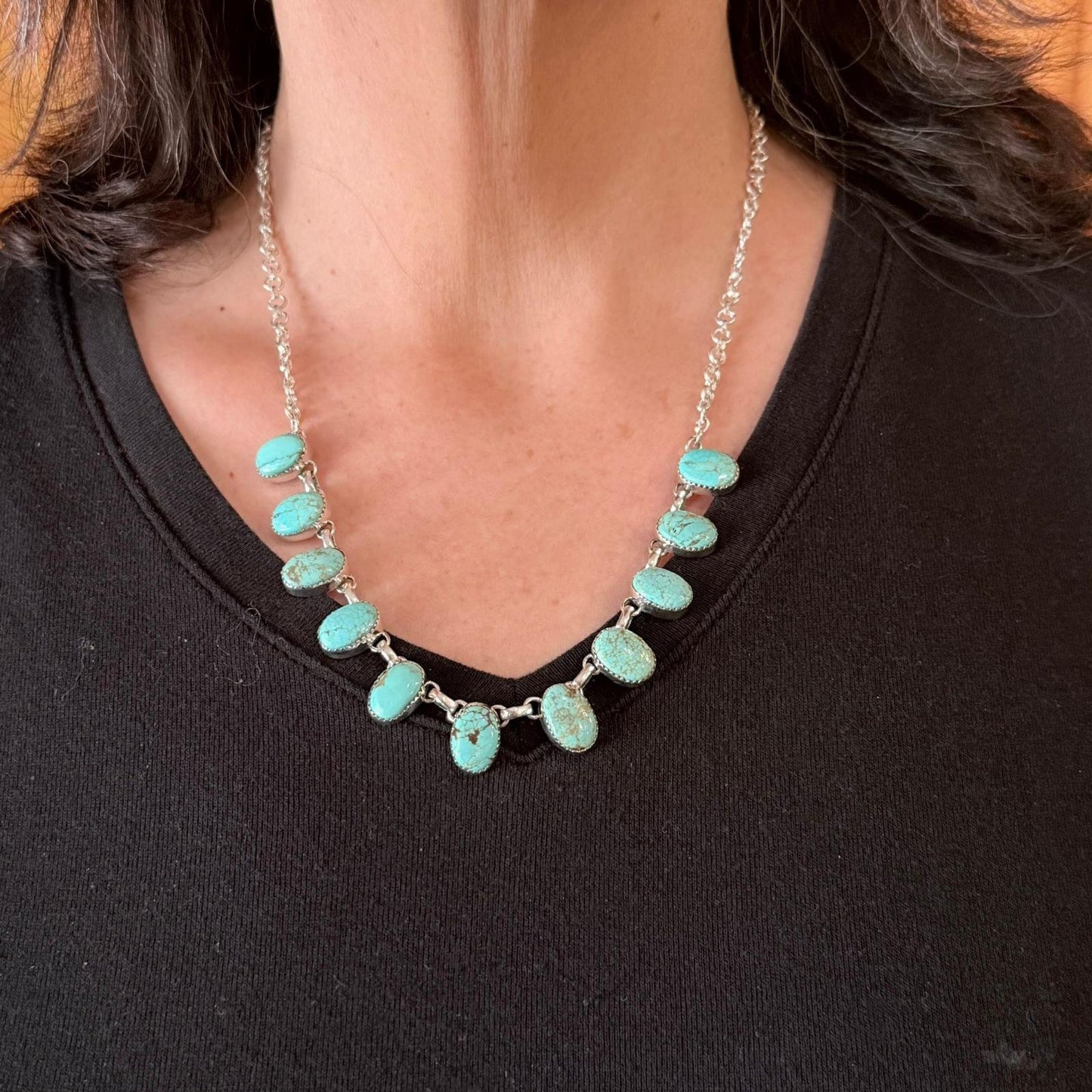 Sterling Southwestern Style Oval Pilot Mountain Turquoise 20" Necklace For Women
