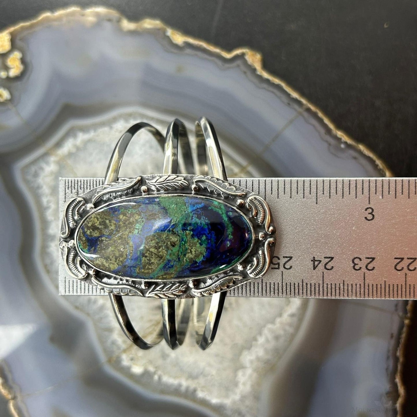 Sterling Silver Southwestern Style Large Oval Azurite Malachite Bracelet For Women