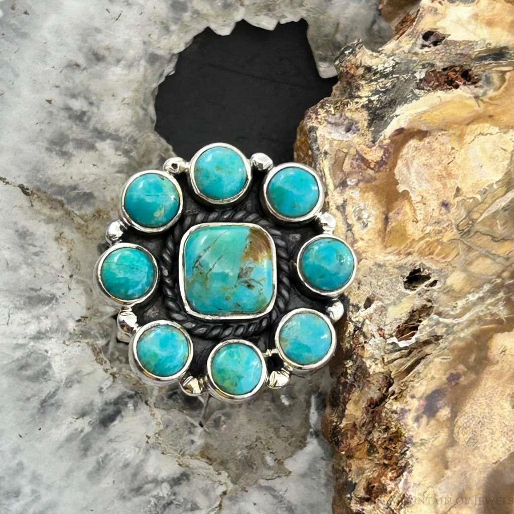 Sterling Silver Southwestern Style Mohave Turquoise Cluster Ring Size 7.5 For Women