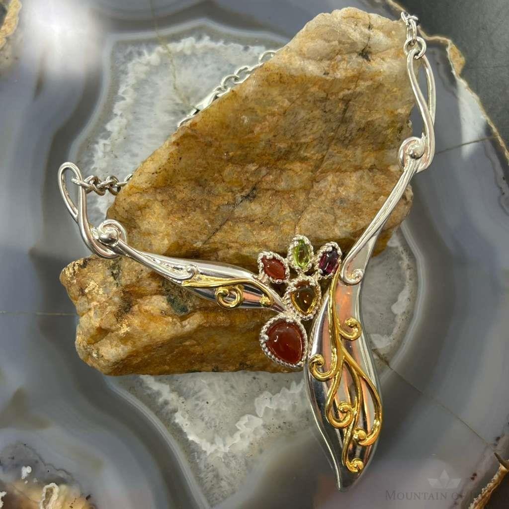 Carolyn Pollack Sterling Silver & Brass Multi Stone Decorated 18" Necklace For Women