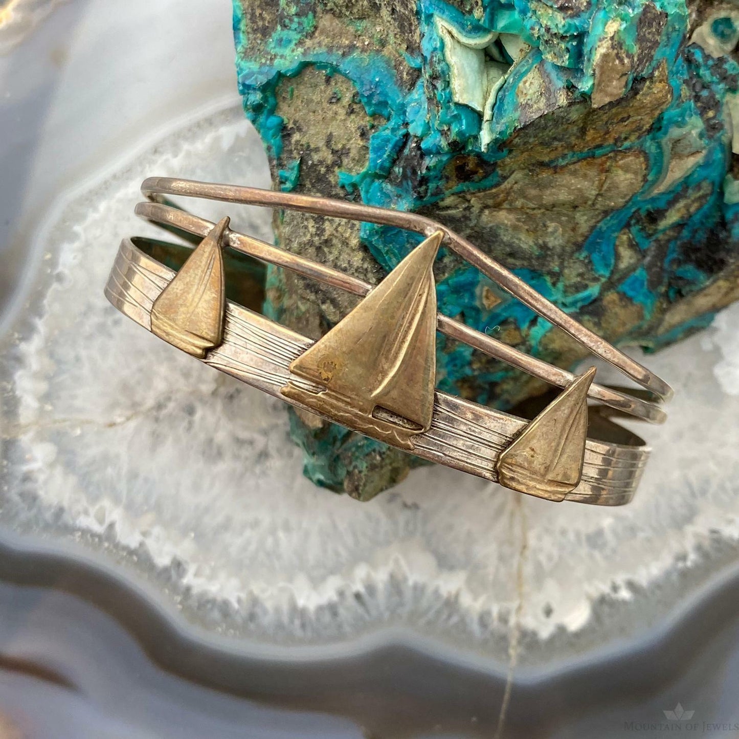 Courtney Peterson Silver and Brass 3 Sailboat on Band with Wire Bracelet