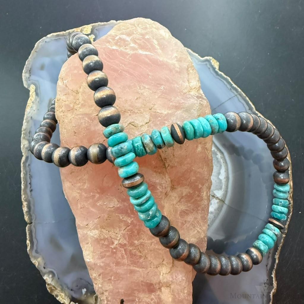 Southwestern Style 8mm Copper Navajo Pearl Saucer, Round & Turquoise Necklace For Women