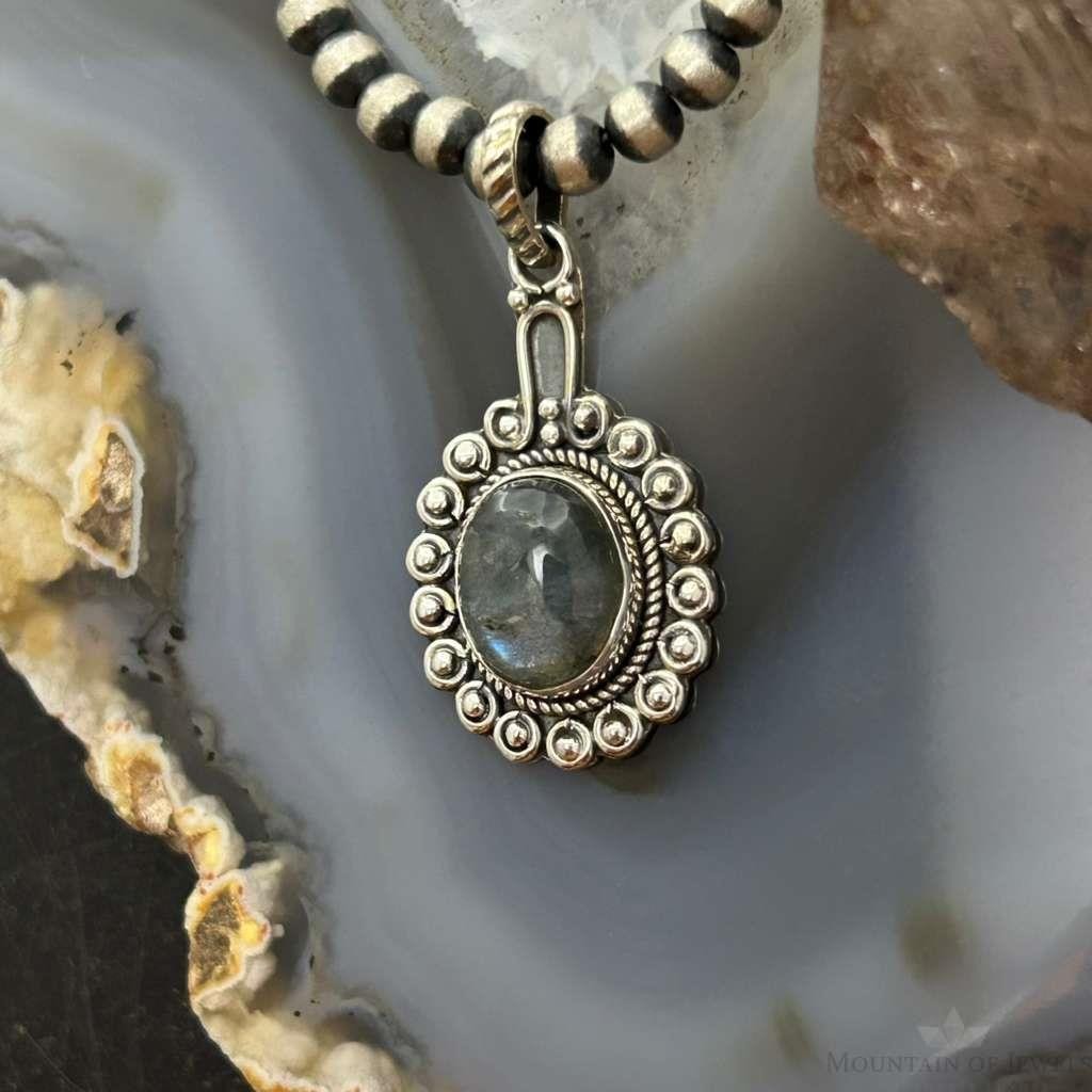 Sterling Silver Southwestern Style Oval Labradorite Decorated Charm/Pendant For Women