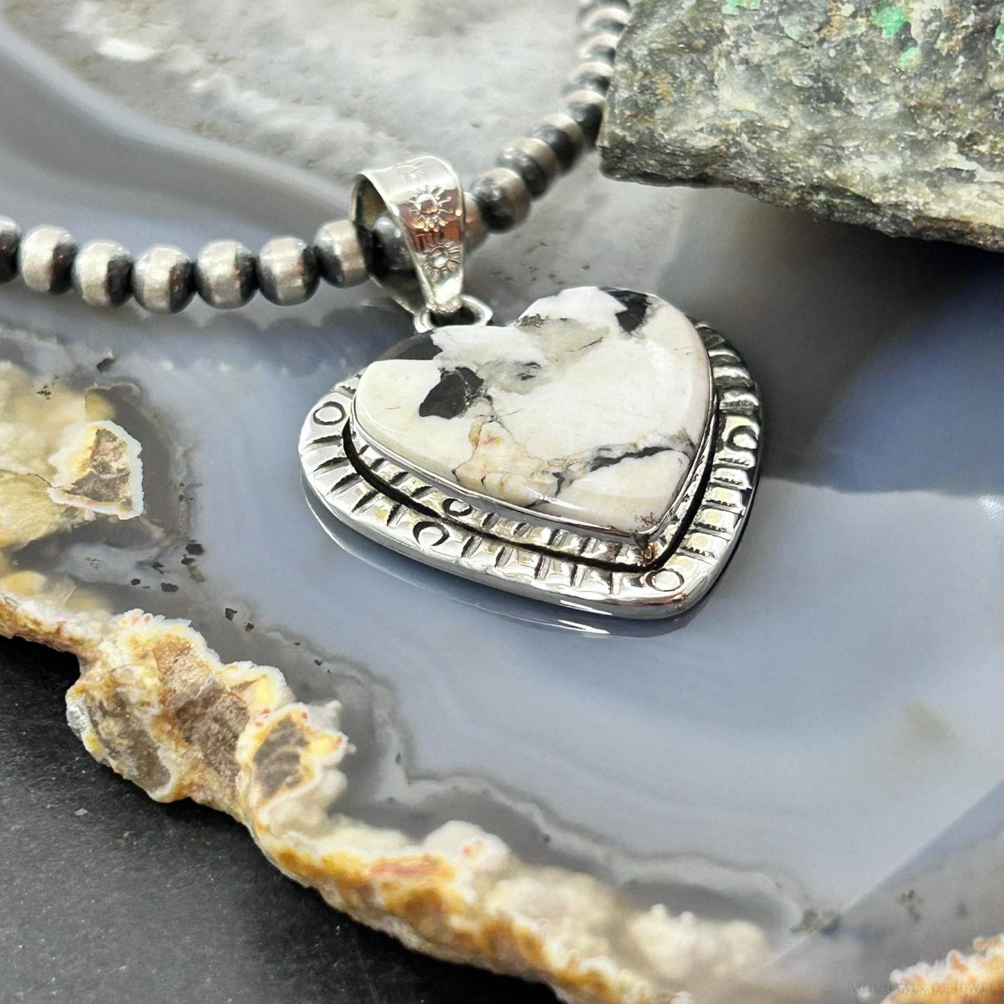 Sterling Silver Southwestern Style White Buffalo Decorated Heart Pendant For Women #3