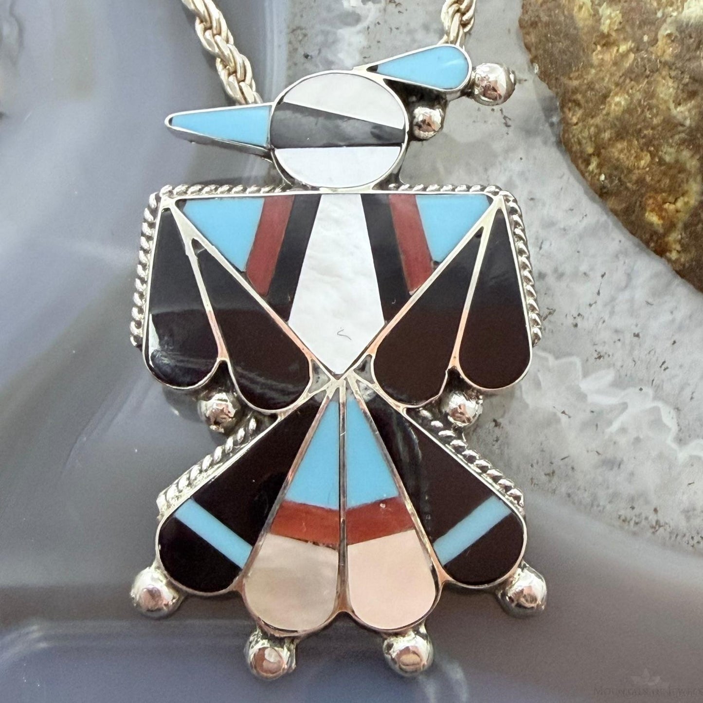 Signed Native American Sterling Silver Multi-Stone Inlay Thunderbird Unisex Pendant/Brooch