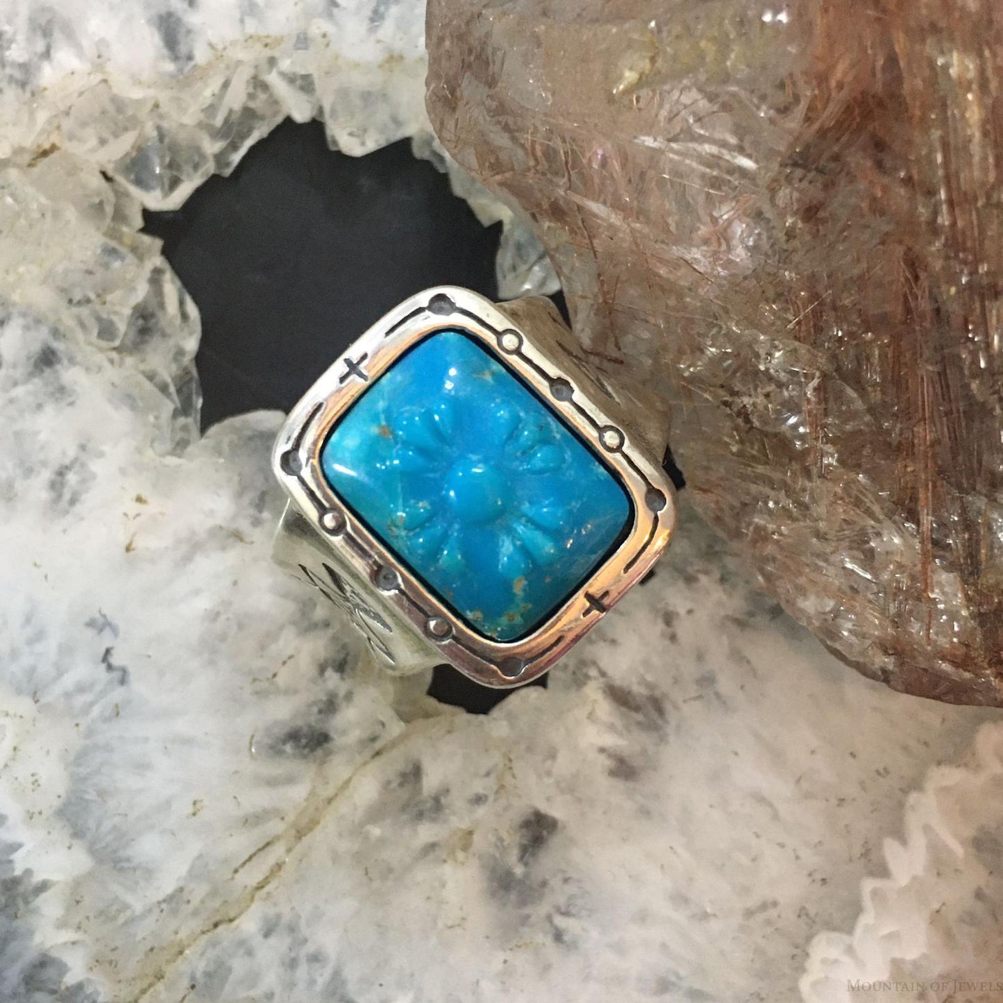 Carolyn Pollack Sterling Silver Rectangle Carved Turquoise Decorated Ring For Women
